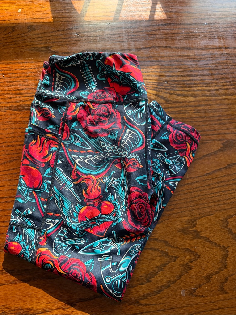 Constantly Varied Gear Black Leggings with Red & Teal Tattoo Floral Print